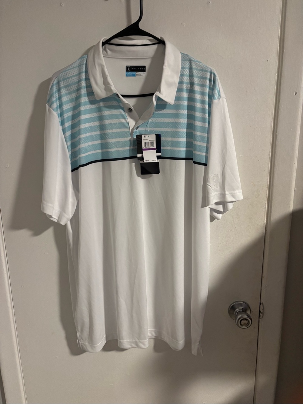 NWT PGA TOUR Pro Series XXL White Blue Striped Performance Golf Polo 
(1124)